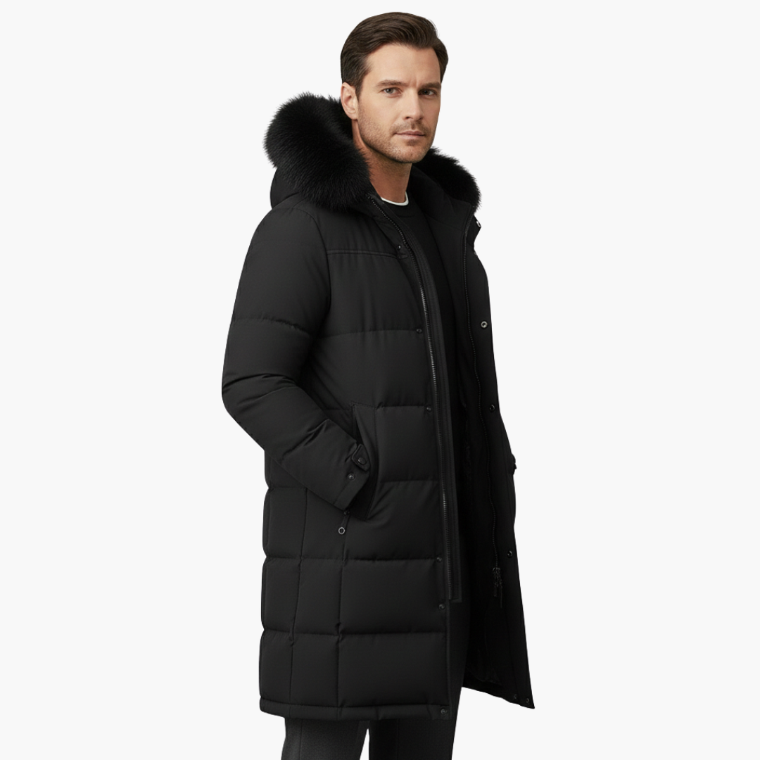 Long parka for men with hood and quilted surface