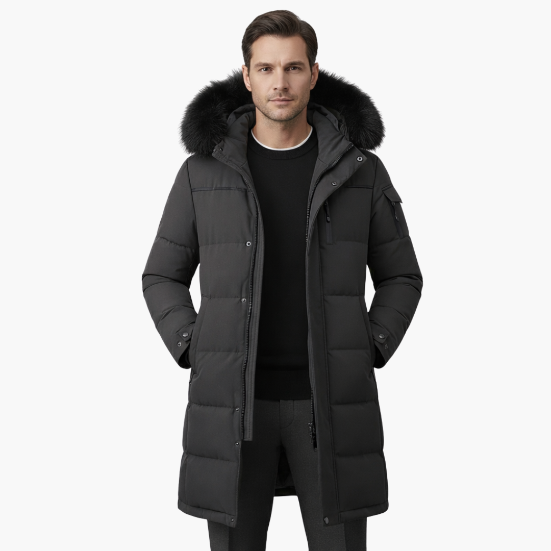 Long parka for men with hood and quilted surface