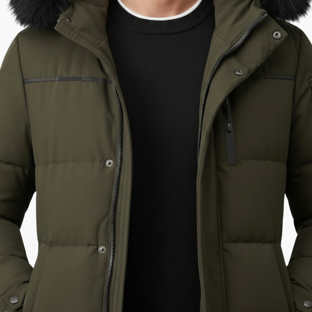Long parka for men with hood and quilted surface