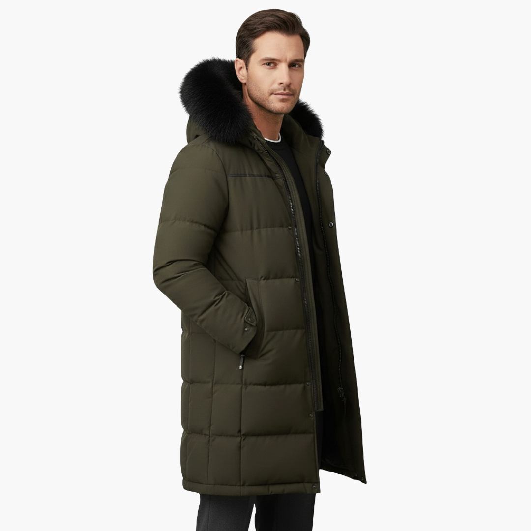 Long parka for men with hood and quilted surface