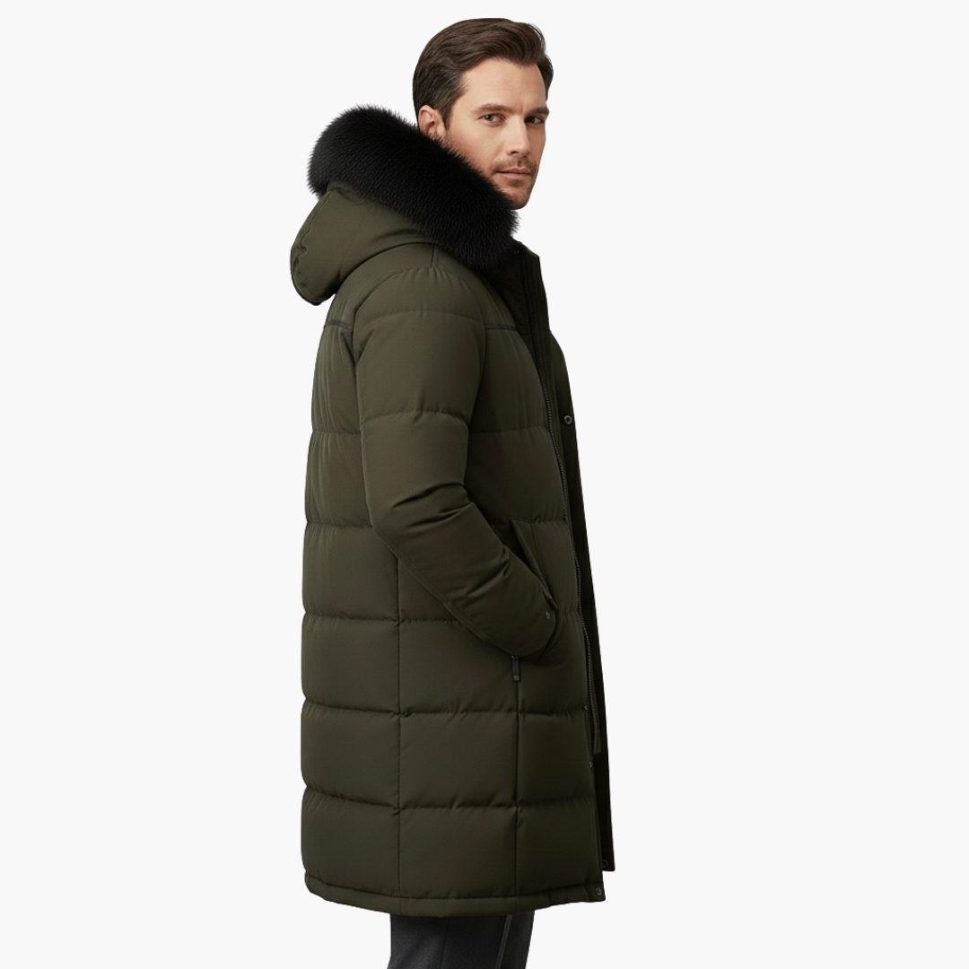 Long parka for men with hood and quilted surface