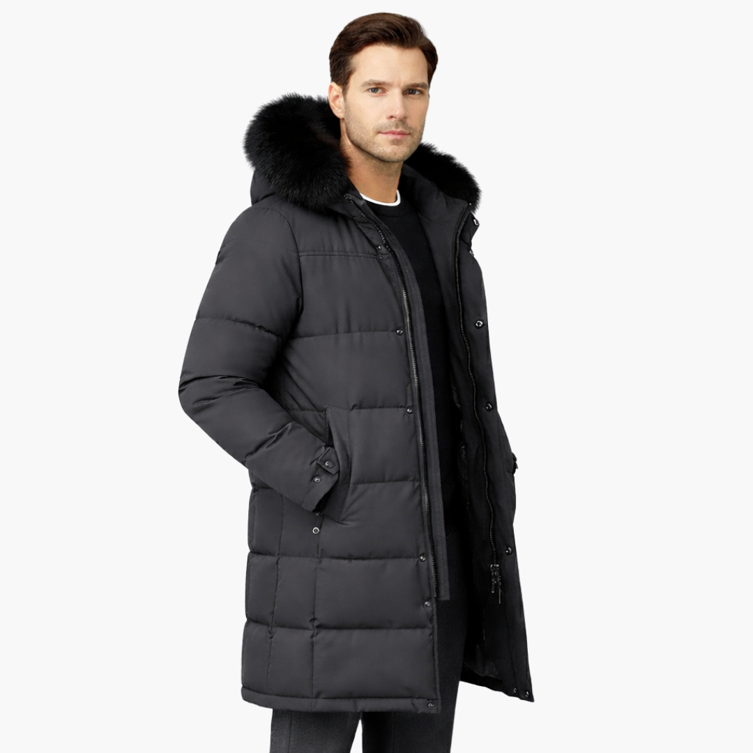 Long parka for men with hood and quilted surface