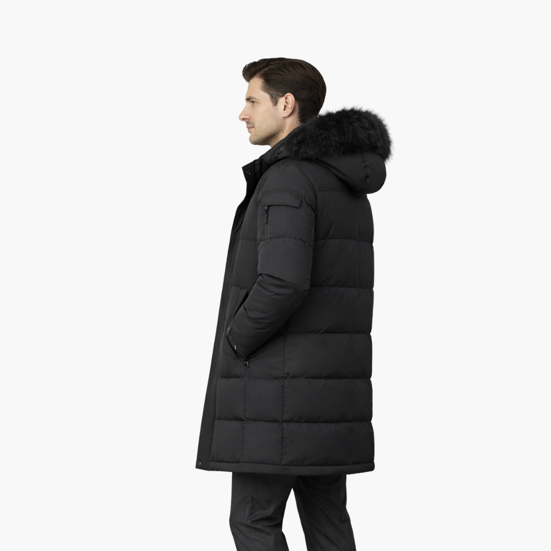Long parka for men with hood and quilted surface