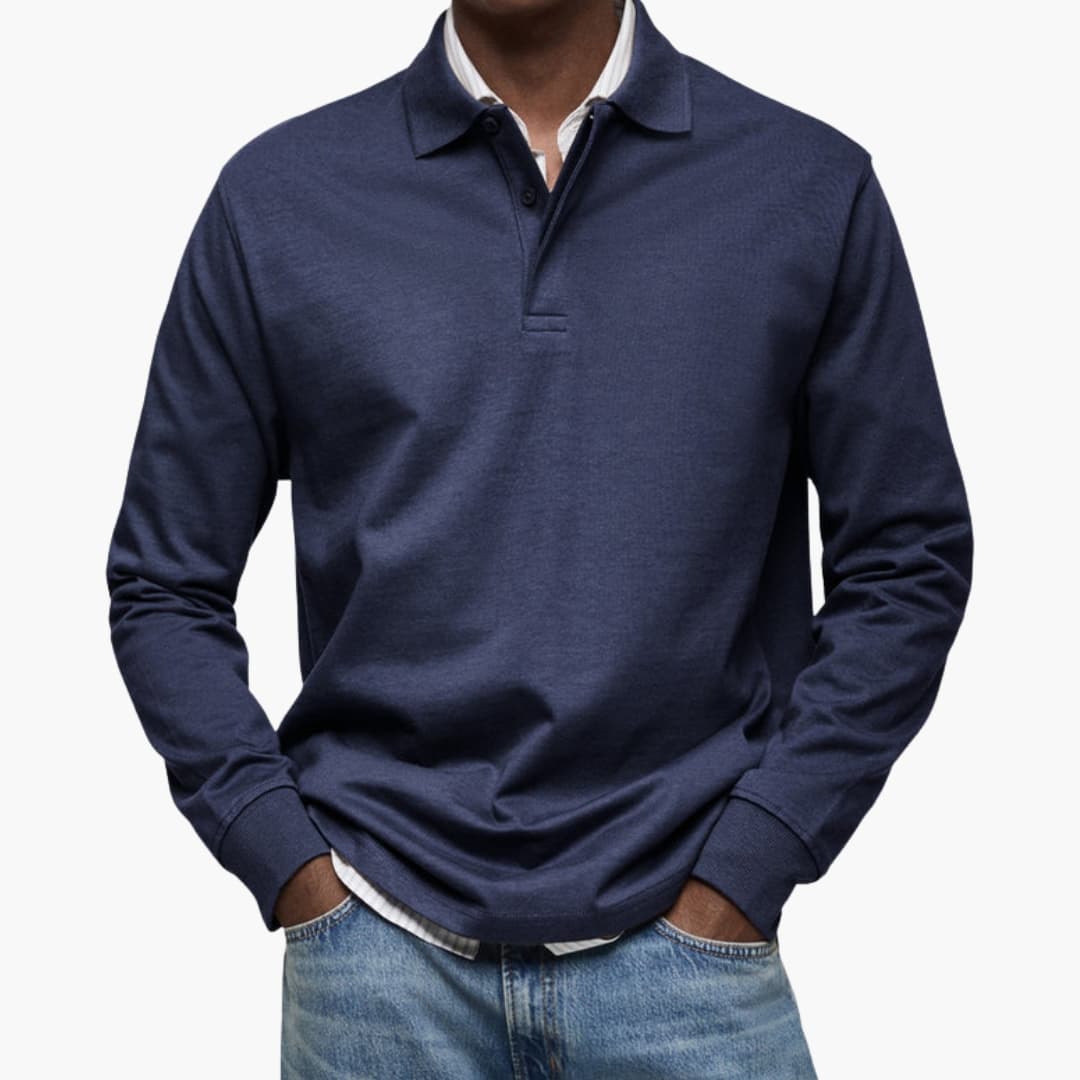 Polo homme manches longues avec col boutonné et poignets côtelés