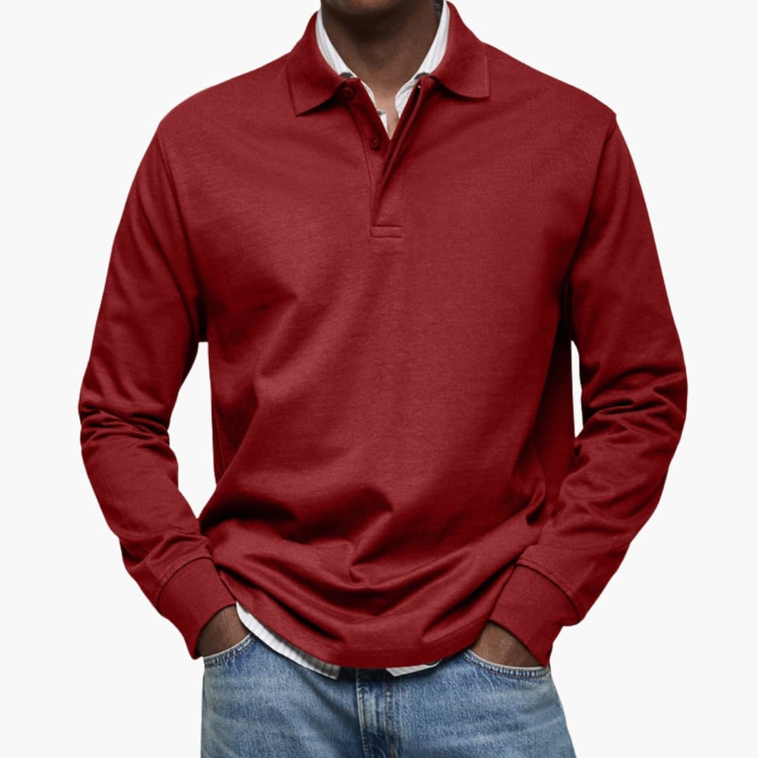 Polo homme manches longues avec col boutonné et poignets côtelés