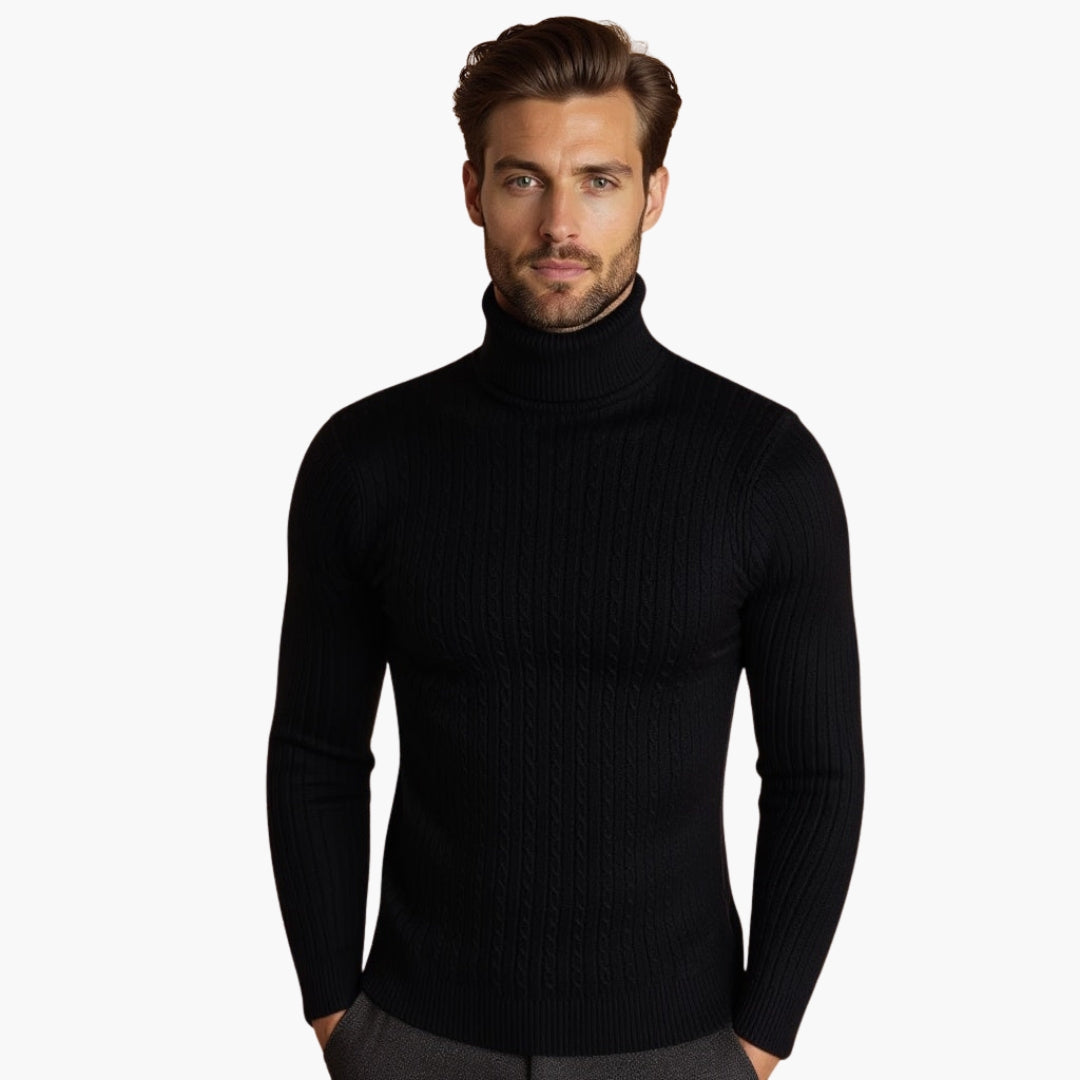 Herre genser med rullekrage og flettemønster med ribbet kant