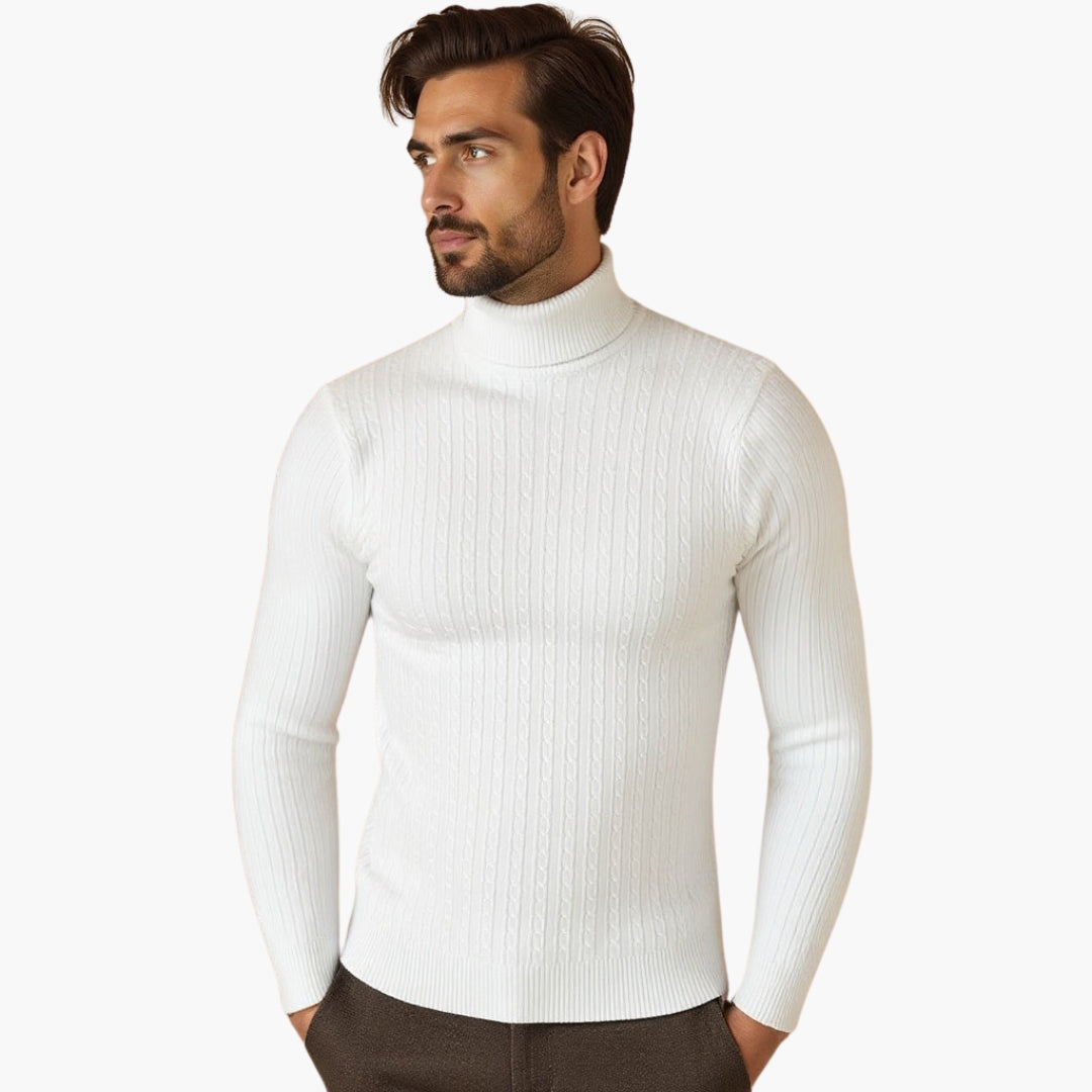 Herre genser med rullekrage og flettemønster med ribbet kant