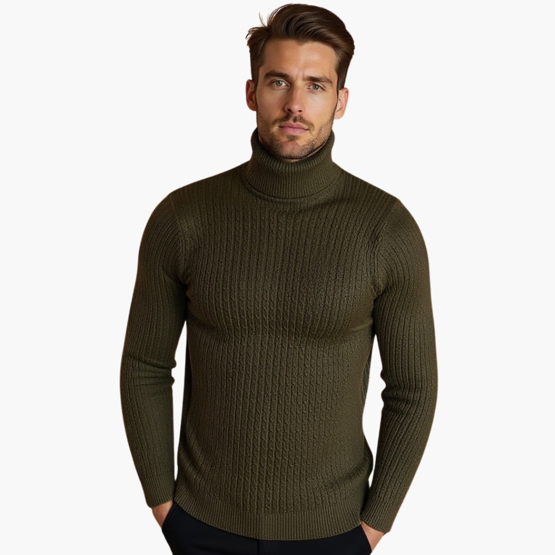 Herre genser med rullekrage og flettemønster med ribbet kant