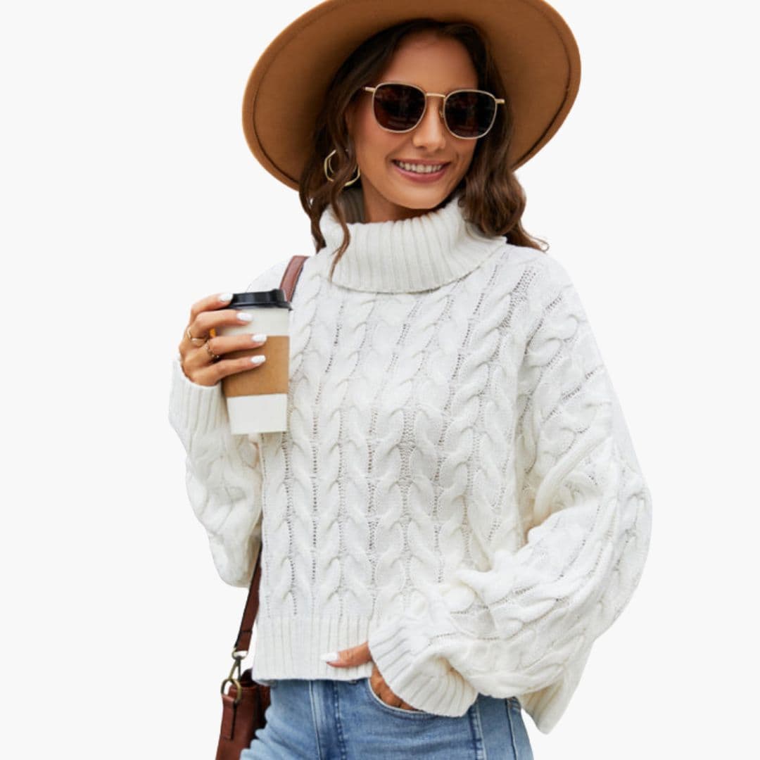 Camisola de Malha Feminina com Gola Alta e Ponto Torcido com Tricô de Cabo