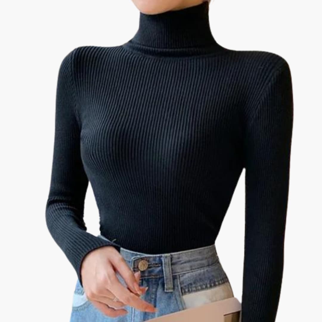 Pull Femme Col Roulé avec Maille Côtelée et Manches Longues