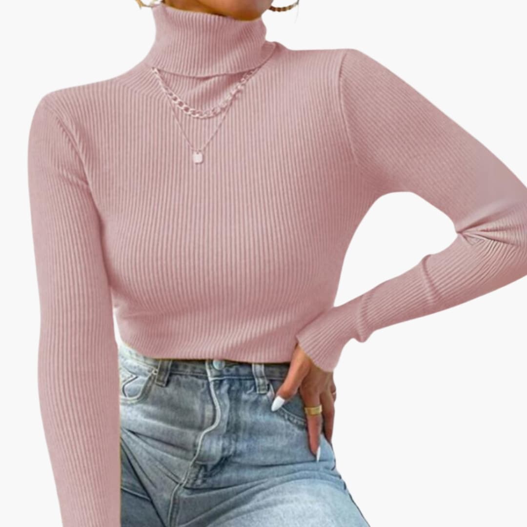 Pull Femme Col Roulé avec Maille Côtelée et Manches Longues