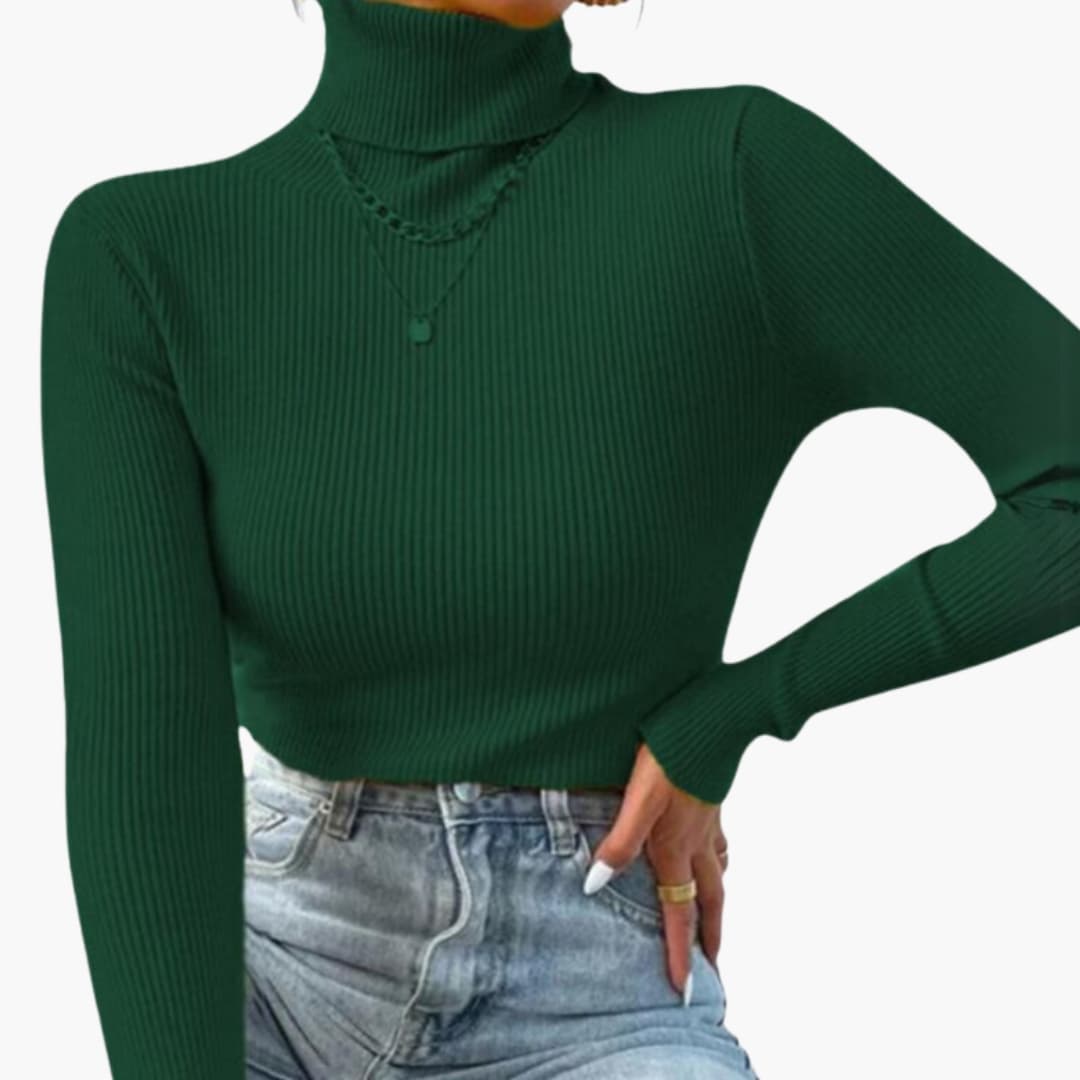 Pull Femme Col Roulé avec Maille Côtelée et Manches Longues