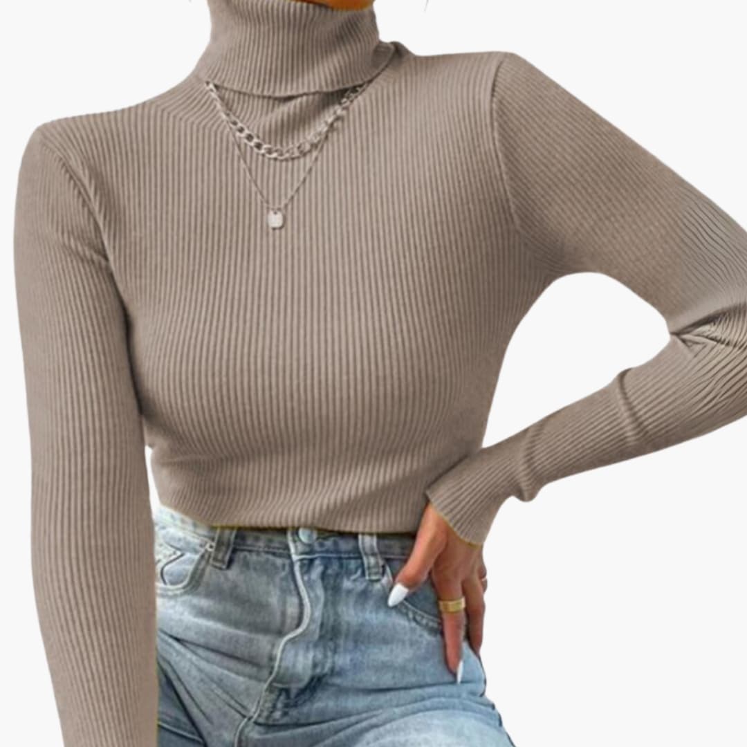 Pull Femme Col Roulé avec Maille Côtelée et Manches Longues