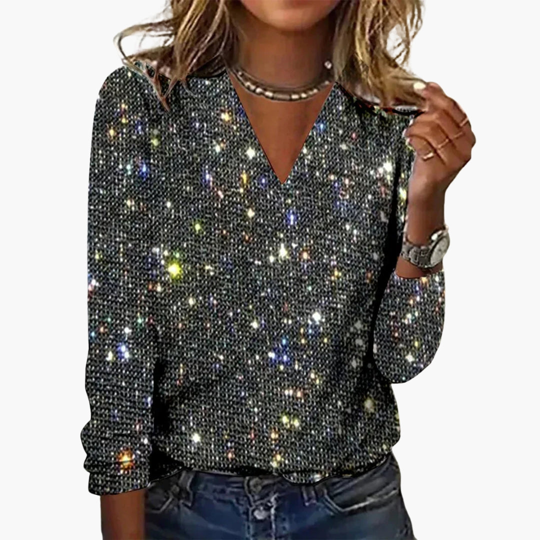 Pull Femme Col V avec Sequins et Manches Longues