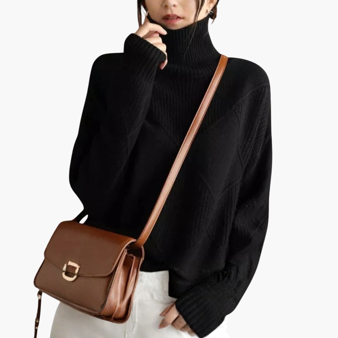 Pull Femme à Col Roulé avec Motif Côtelé Géométrique