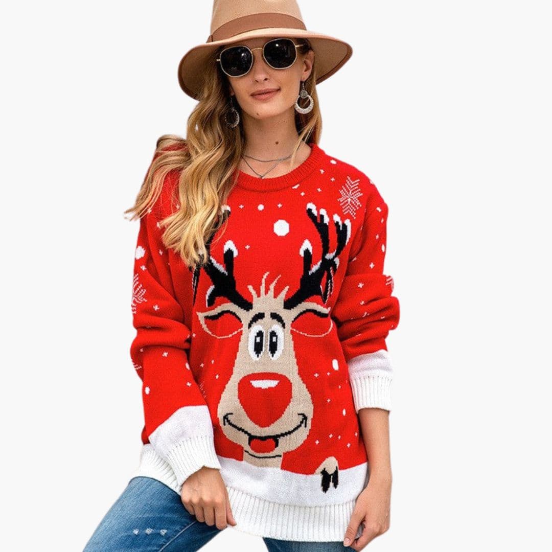 Pull Femme avec Motif Renne et Finitions Côtelées