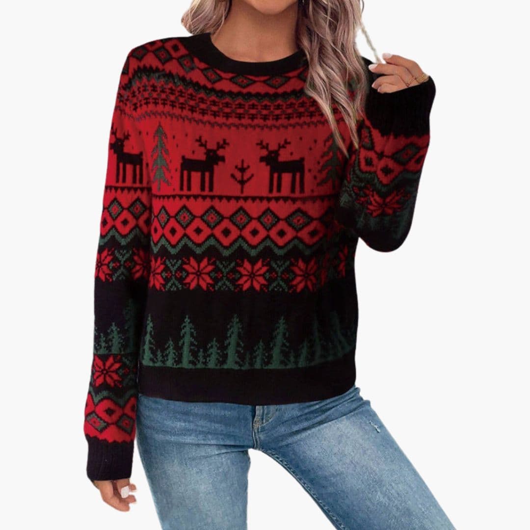 Pull Femme avec Finitions Côtelées et Motif Renne