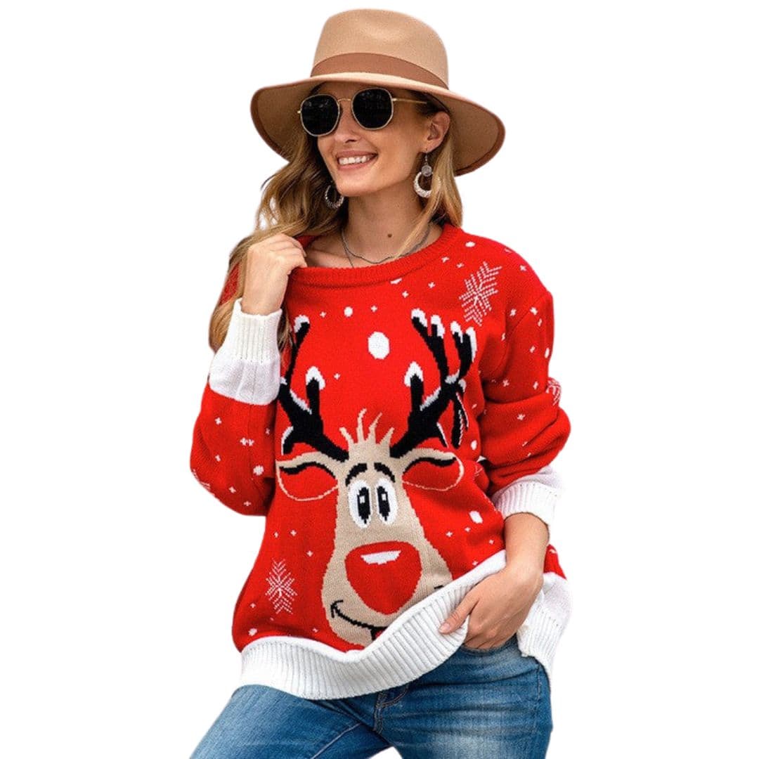 Pull Femme avec Motif Renne et Finitions Côtelées