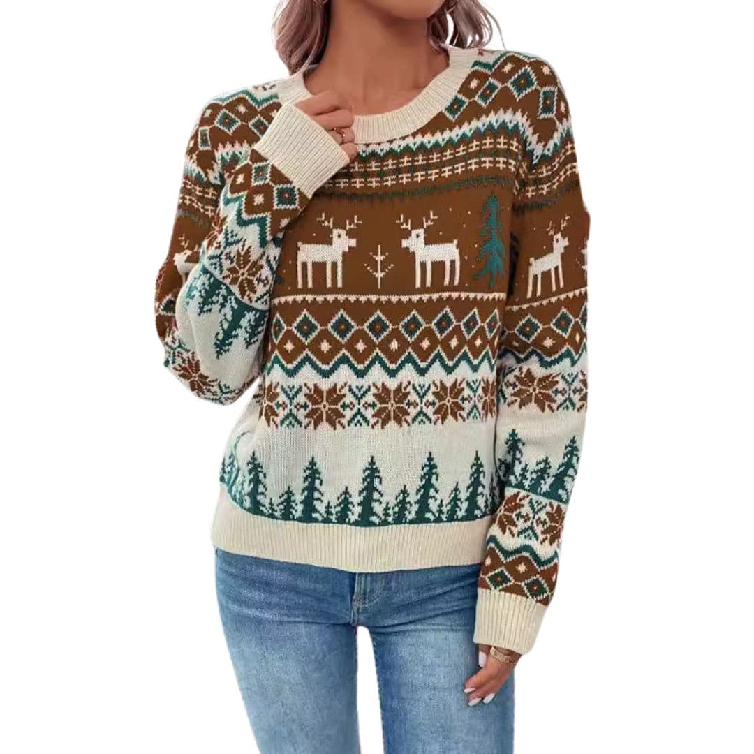 Pull Femme avec Finitions Côtelées et Motif Renne