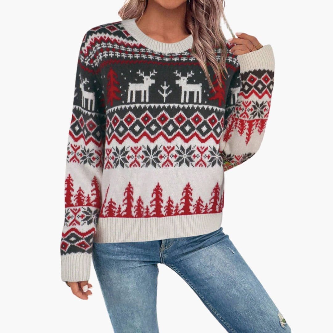 Pull Femme avec Finitions Côtelées et Motif Renne