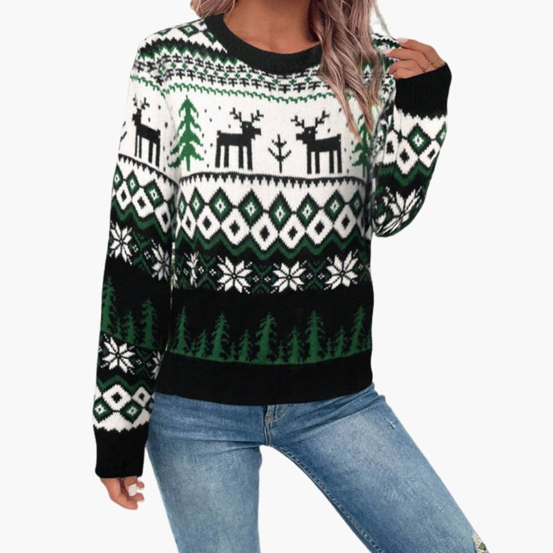 Pull Femme avec Finitions Côtelées et Motif Renne