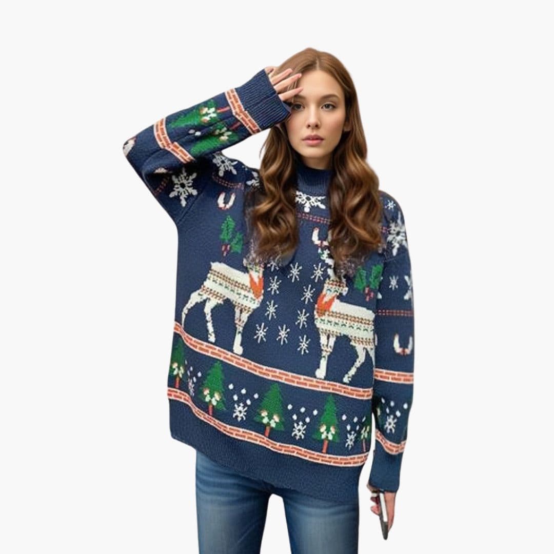 Pull Femme avec Motif Renne et Ourlet Côtelé