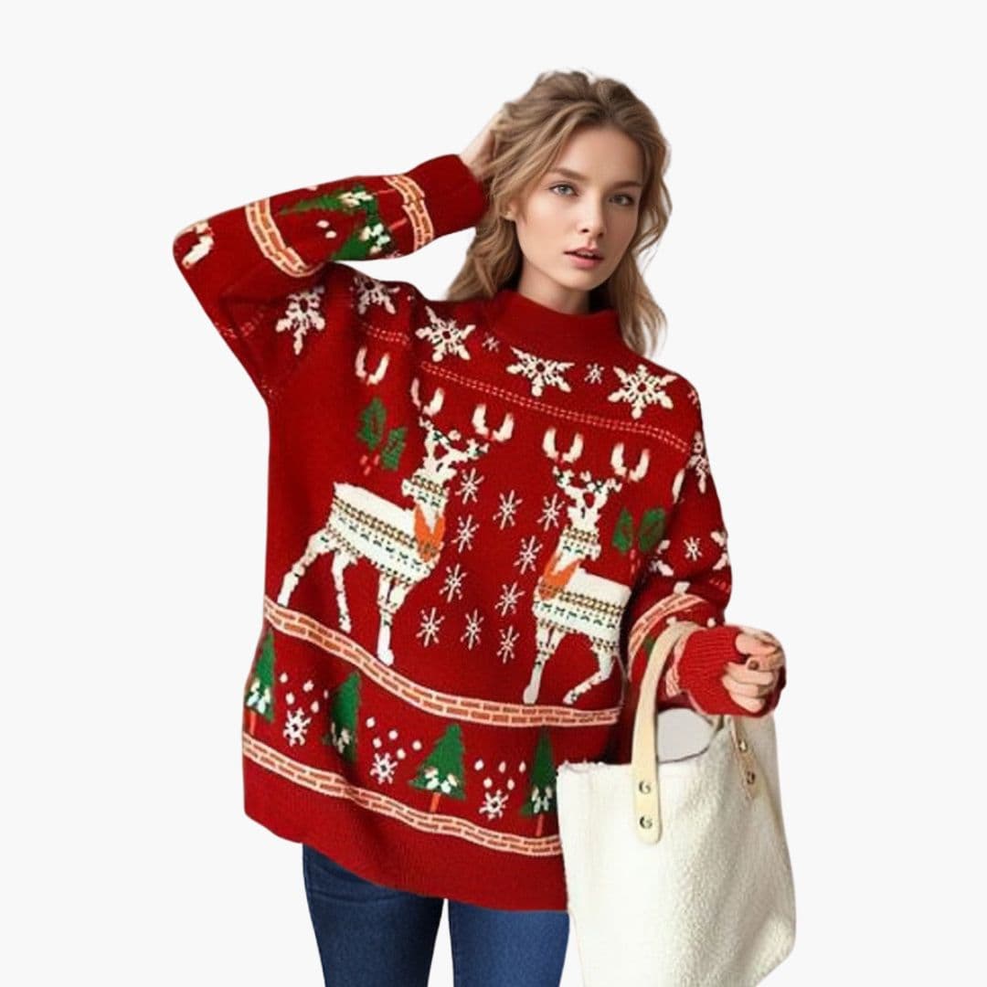 Pull Femme avec Motif Renne et Ourlet Côtelé