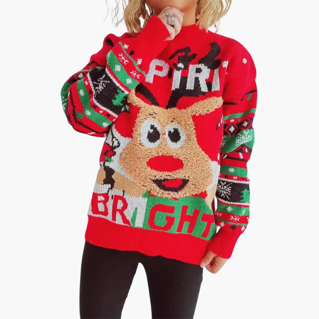 Camisola Mulher com Padrão de Rena e Malha com Padrões