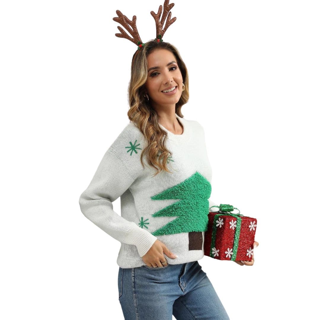 Pull Femme avec Sapin Texturé et Bords Côtelés