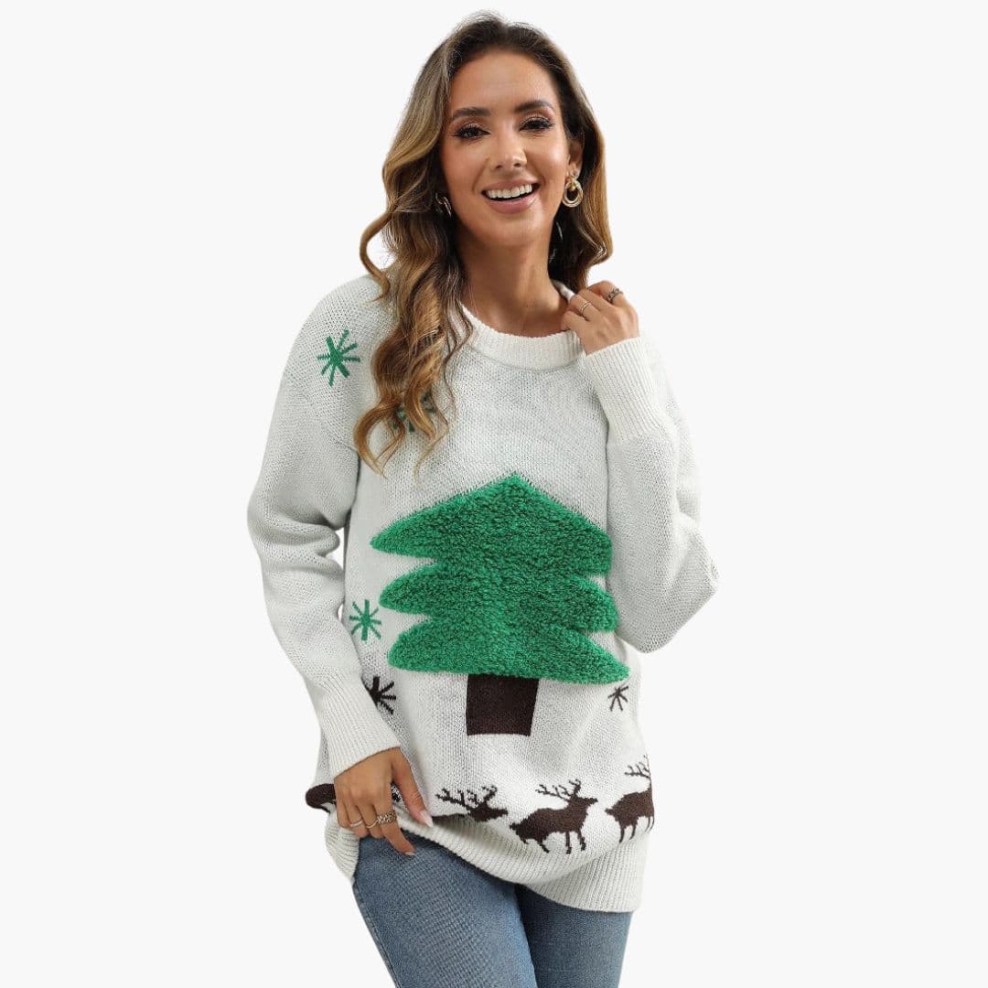 Pull Femme avec Sapin Texturé et Bords Côtelés