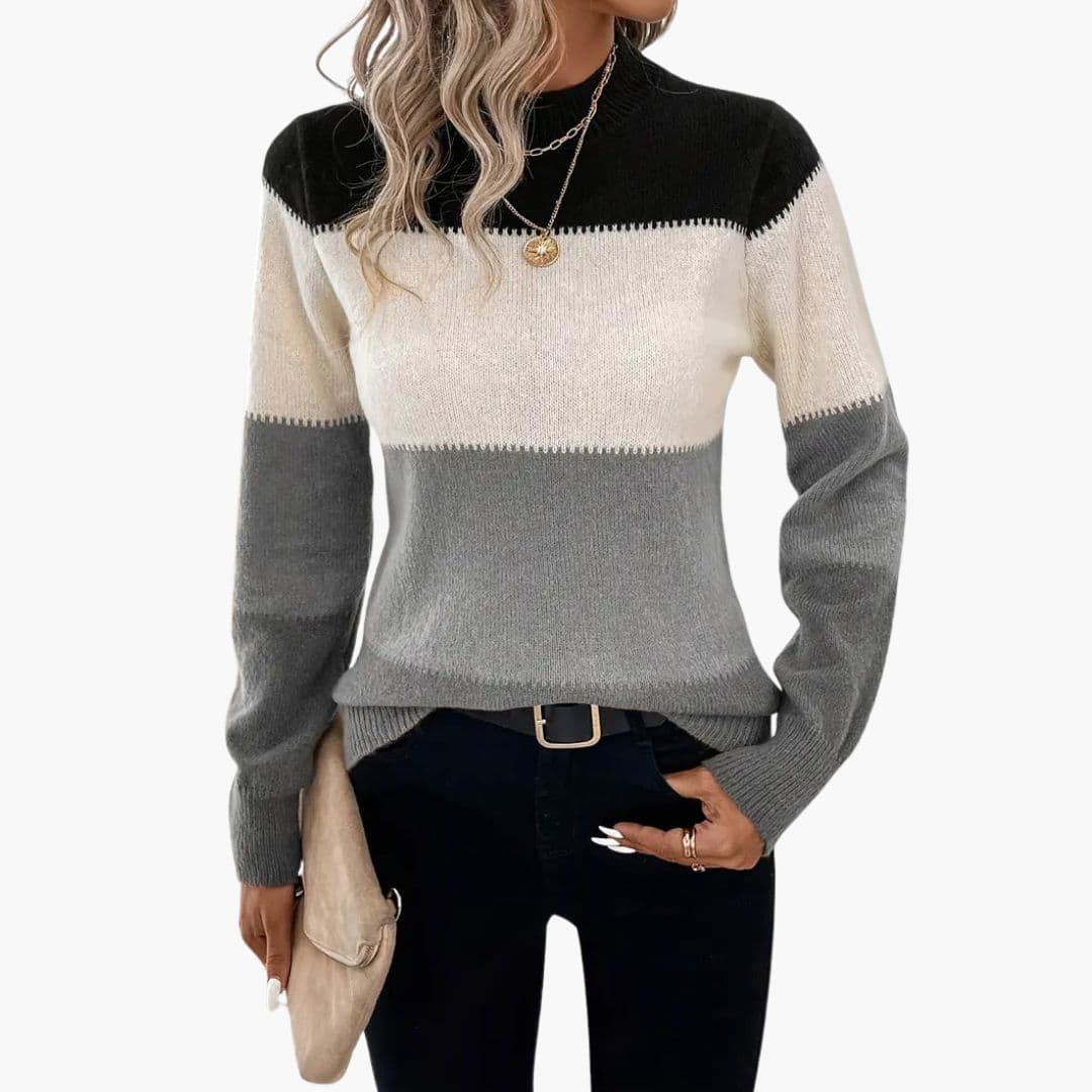 Pull Femme en Maille Colorblock Finitions Côtelées