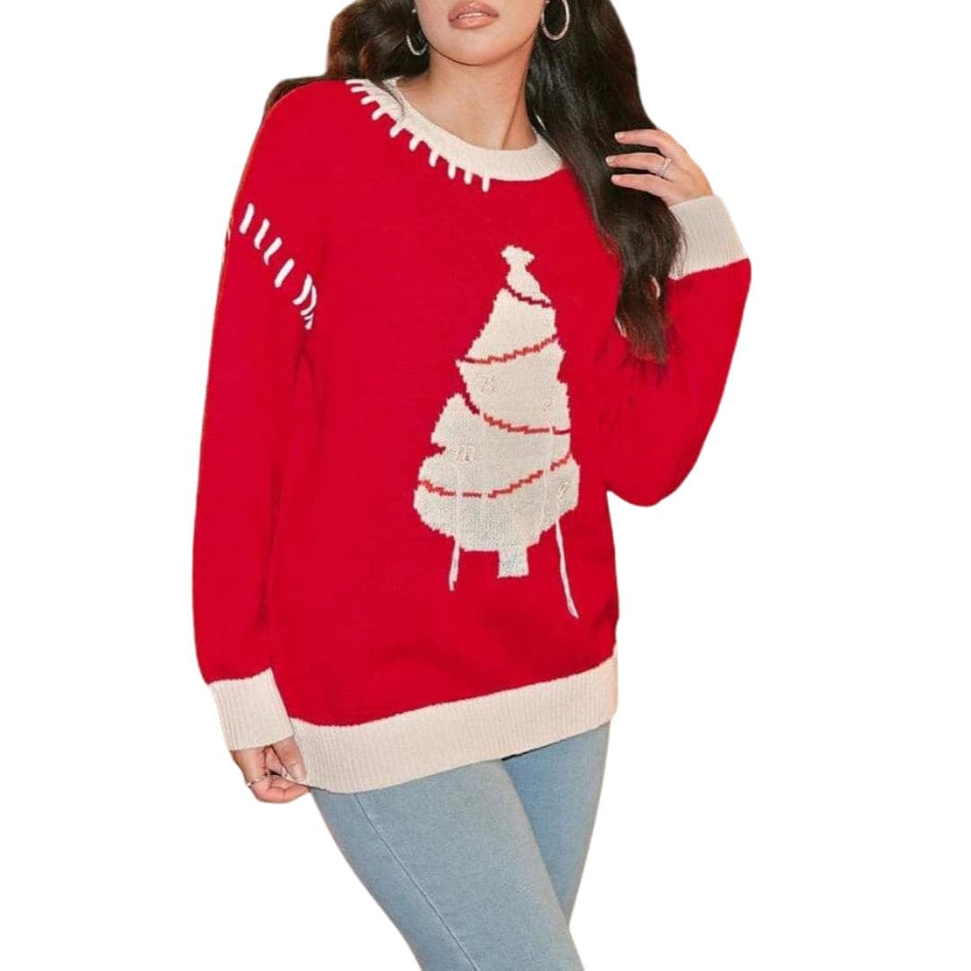 Pull Femme en Maille avec Motif Sapin