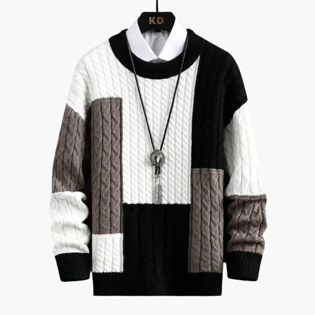 Pull Homme Col Rond Motif Torsadé et Colorblock