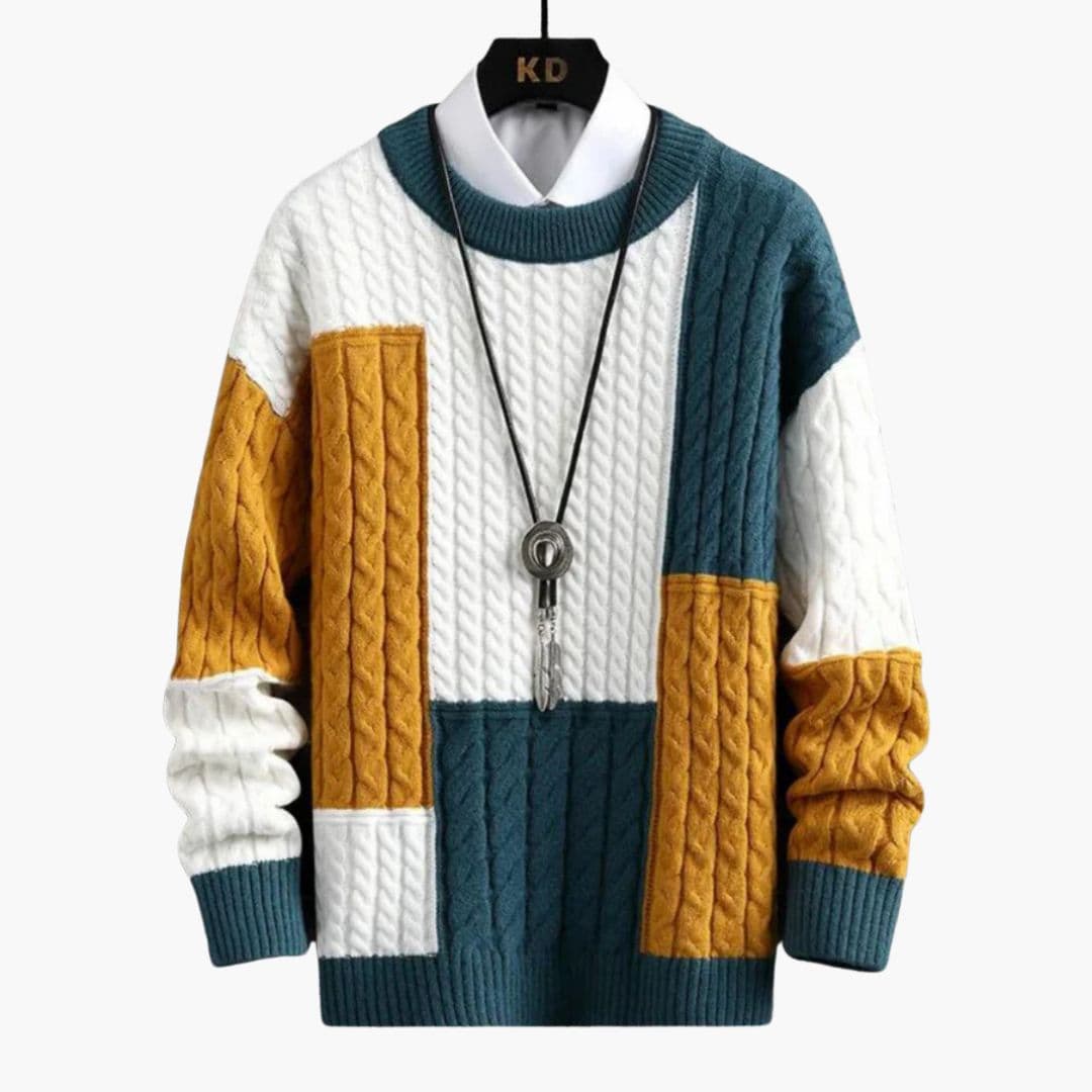 Pull Homme Col Rond Motif Torsadé et Colorblock