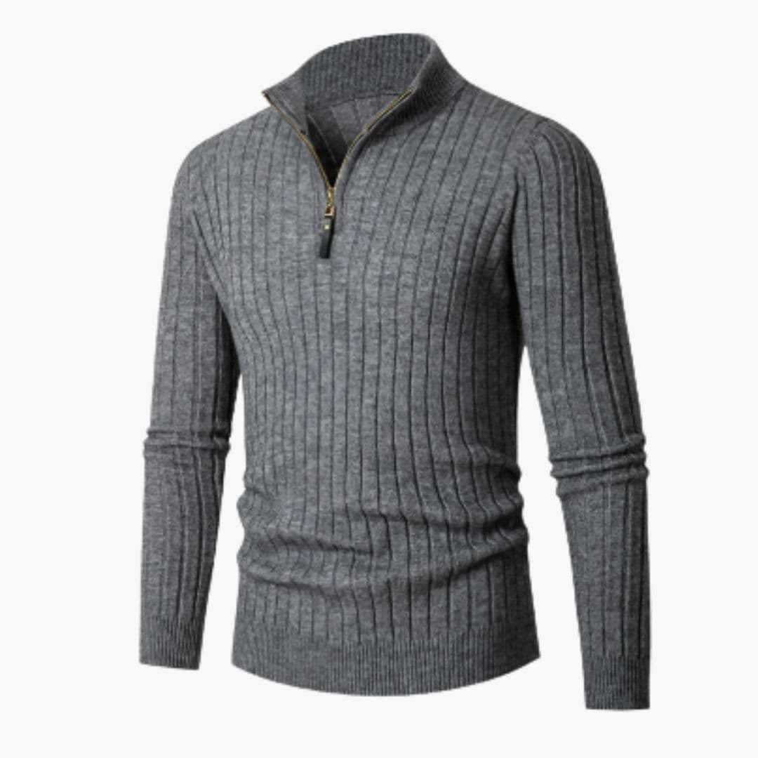 Pull Homme Demi Zip Col Montant Maille Côtelée
