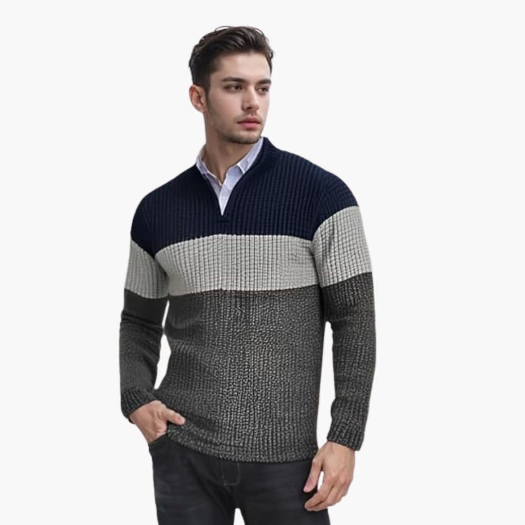 Pull Homme Maille Col Zippé Motif Color Block