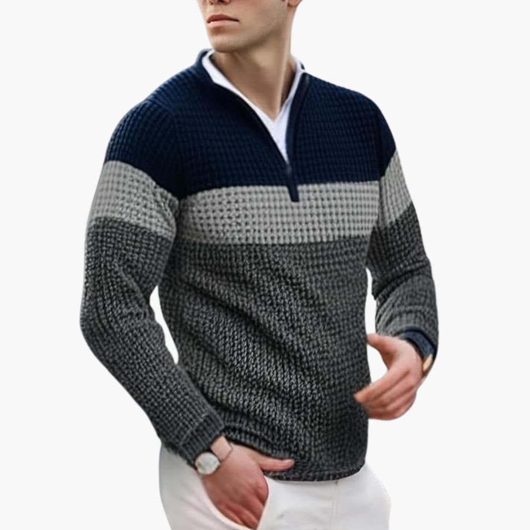 Pull Homme Maille Col Zippé Motif Color Block