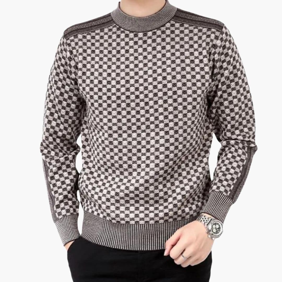 Pull Homme Maille Motif Carré Col Rond