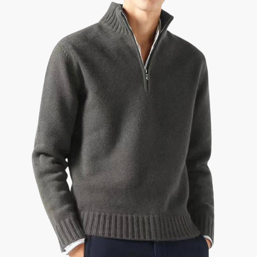 Herre trøje med halv lynlås, høj krave og ribkant