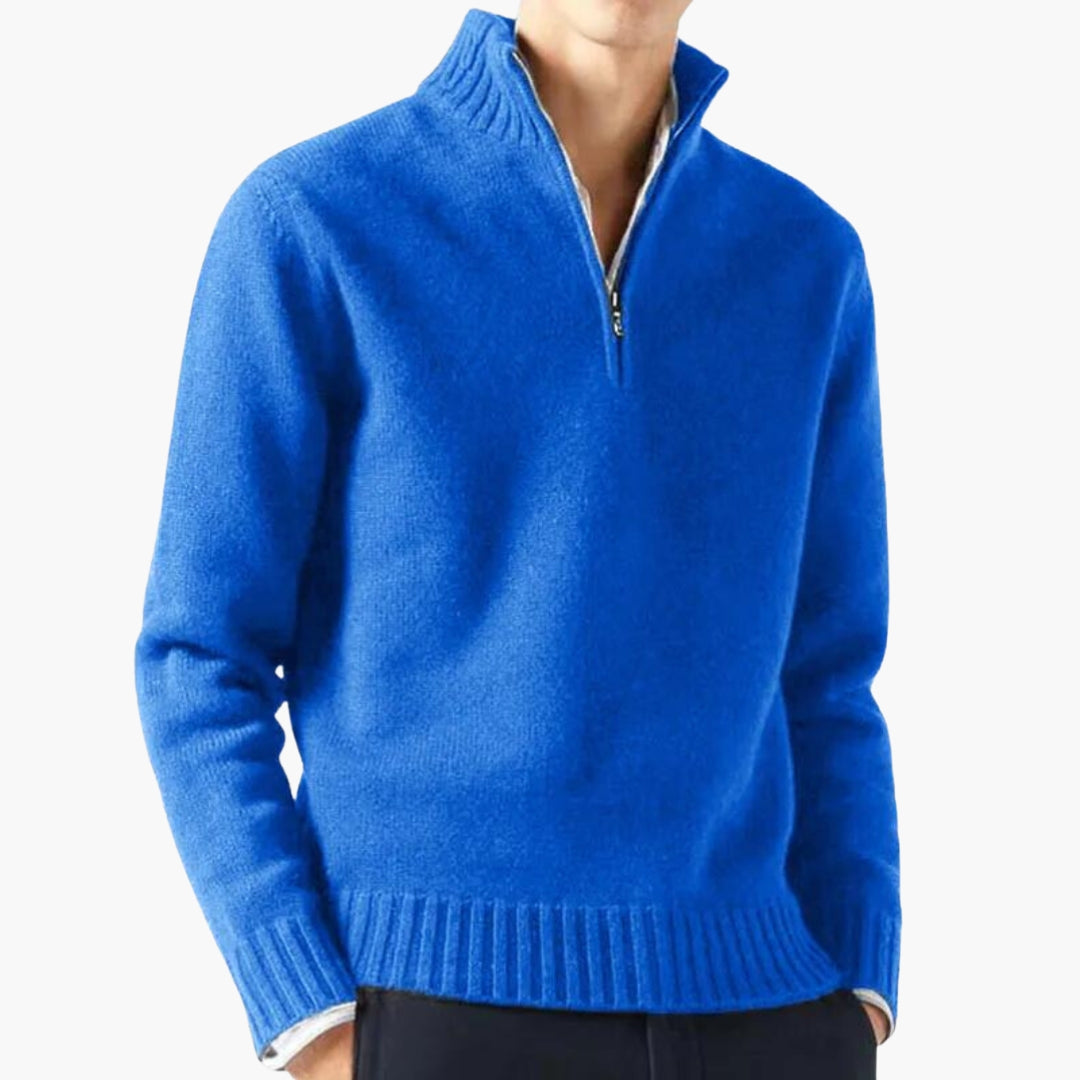 Herre trøje med halv lynlås, høj krave og ribkant