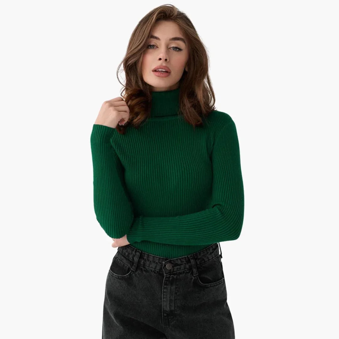 Pull à col roulé femme avec manches longues et surface côtelée
