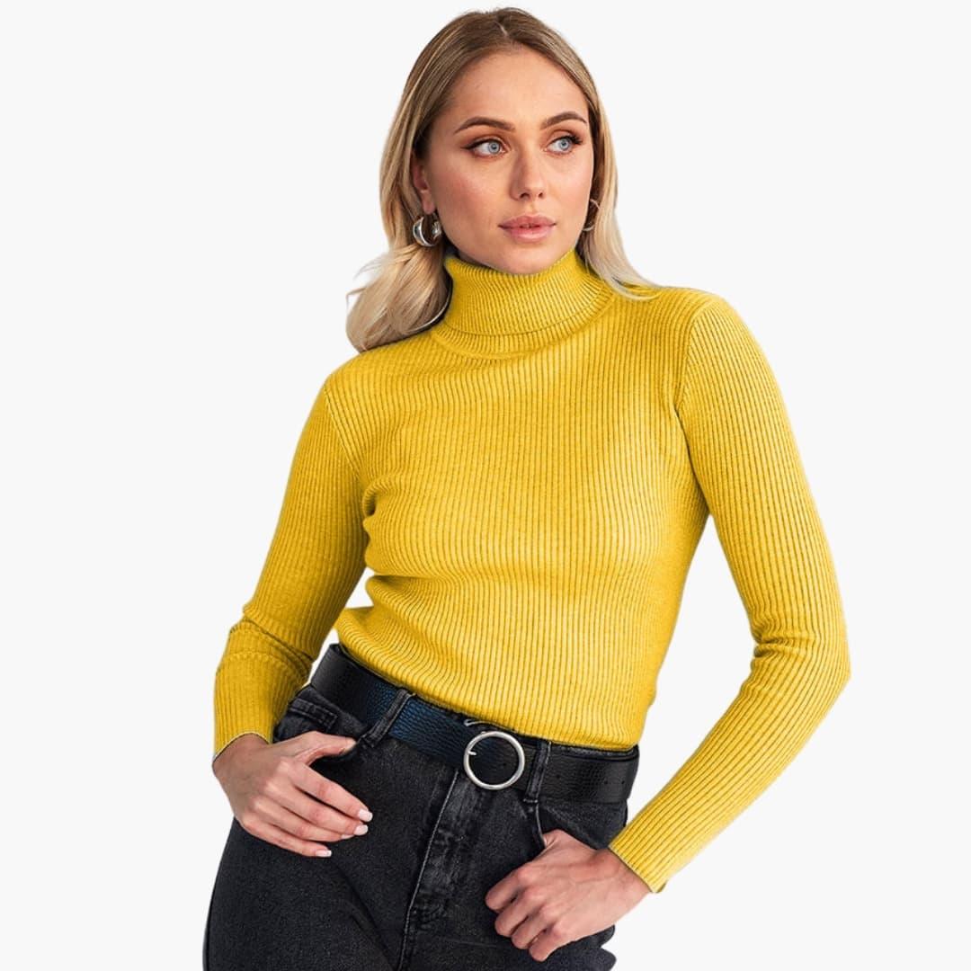 Pull à col roulé femme avec manches longues et surface côtelée
