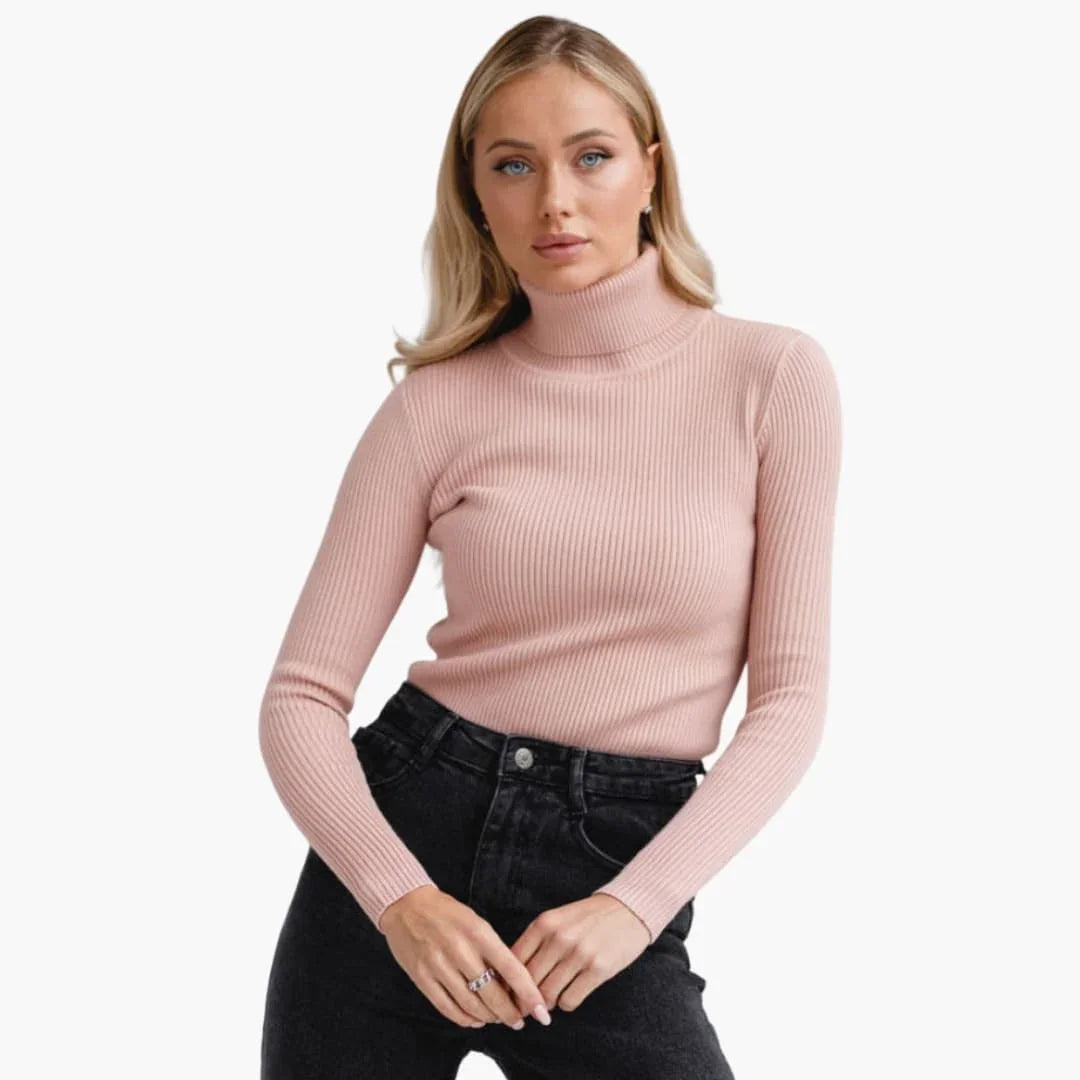 Pull à col roulé femme avec manches longues et surface côtelée