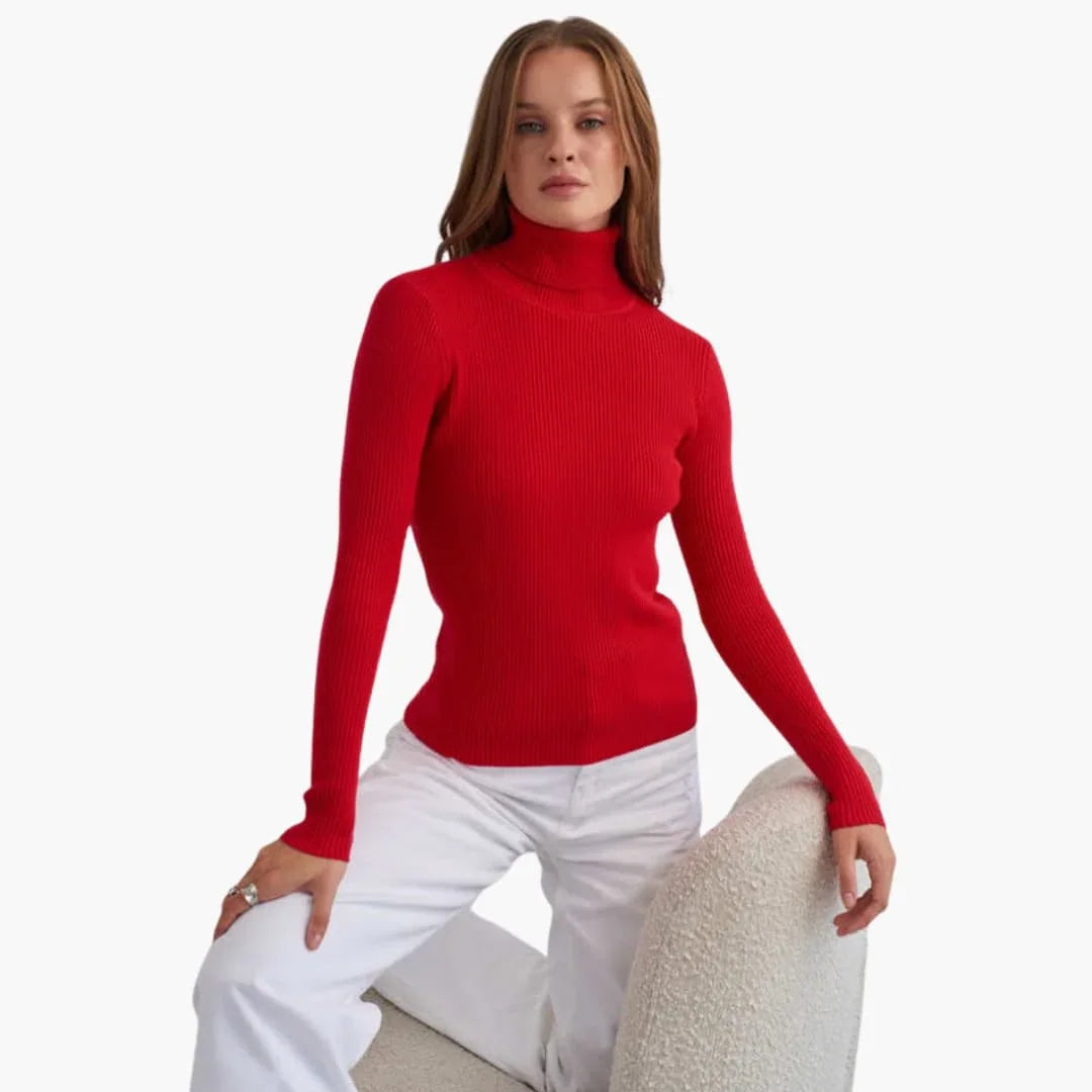 Pull à col roulé femme avec manches longues et surface côtelée