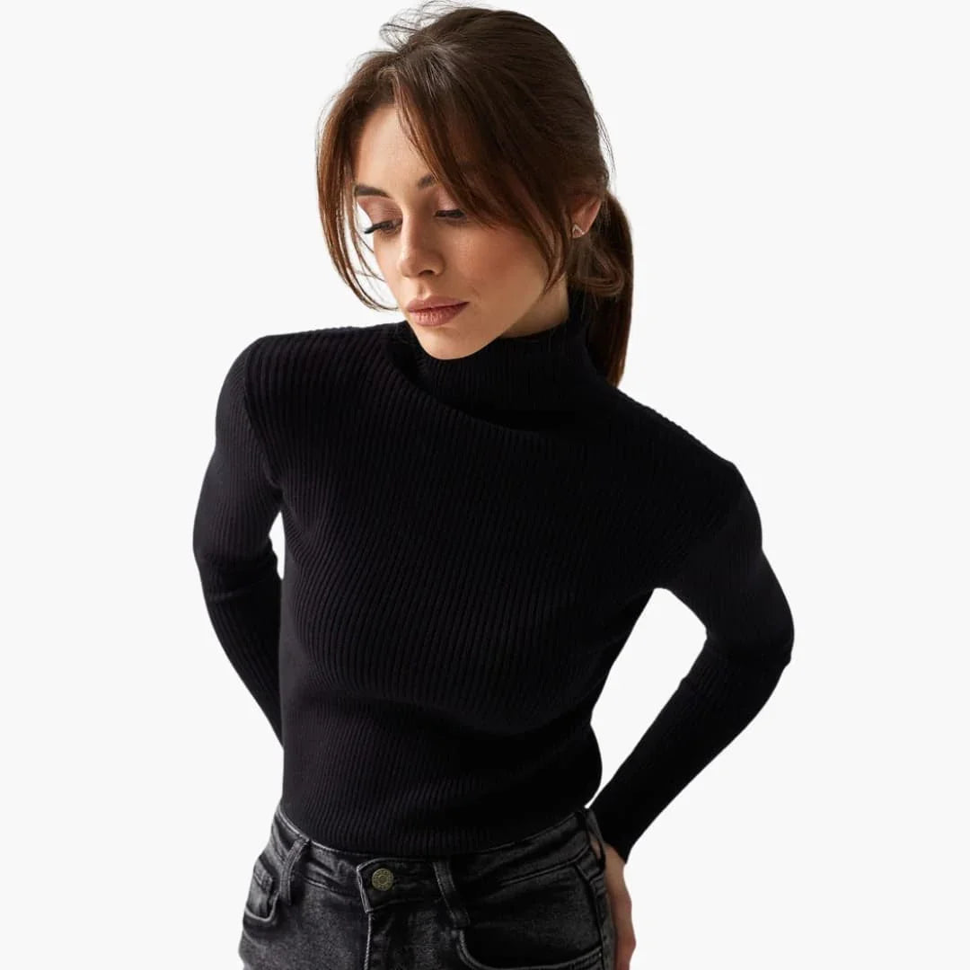 Pull à col roulé femme avec manches longues et surface côtelée