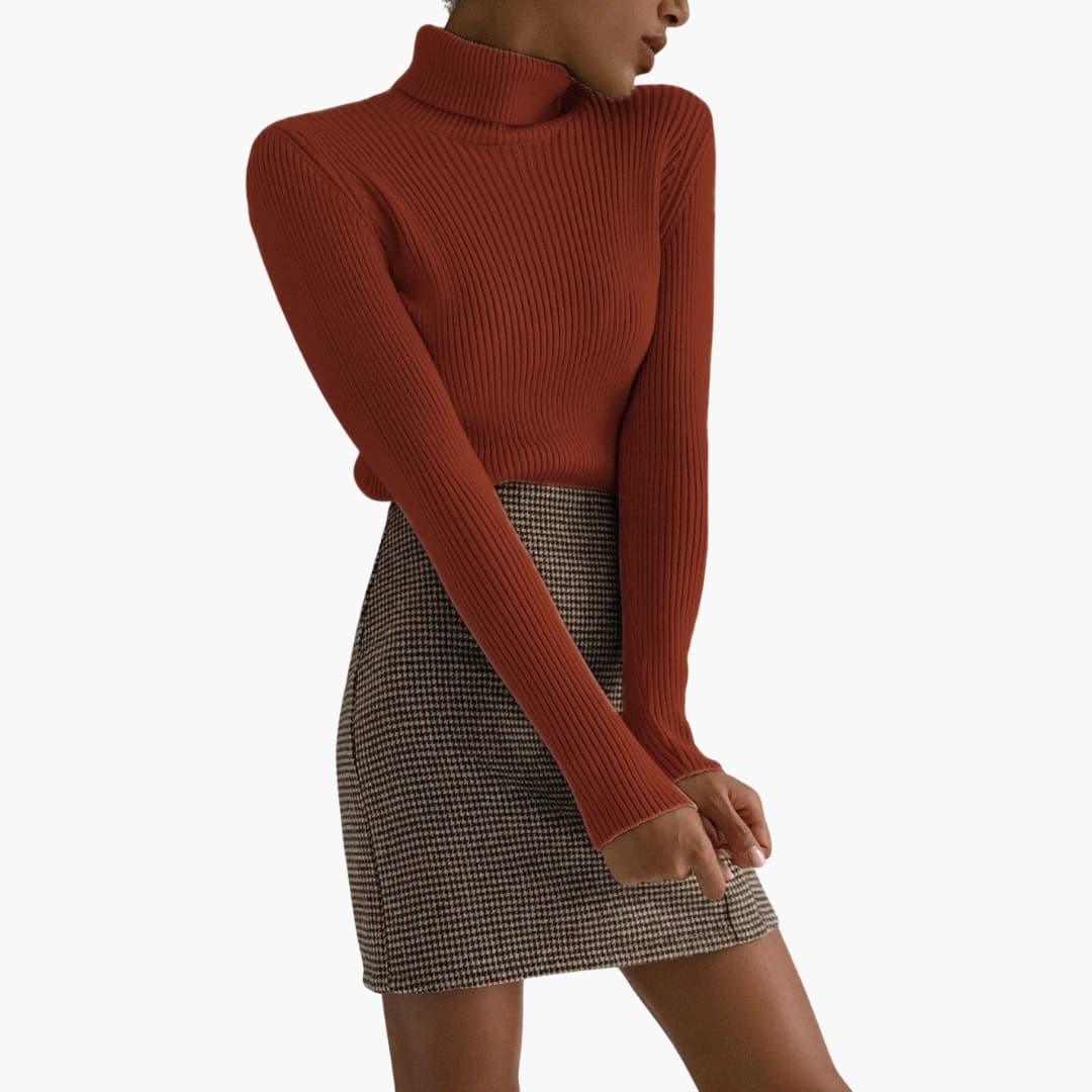 Pull à col roulé femme avec manches longues et surface côtelée