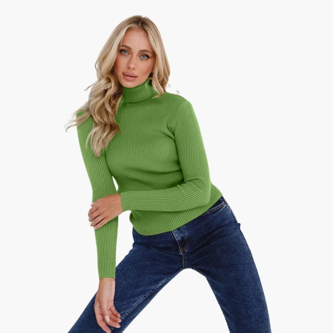 Pull à col roulé femme avec manches longues et surface côtelée