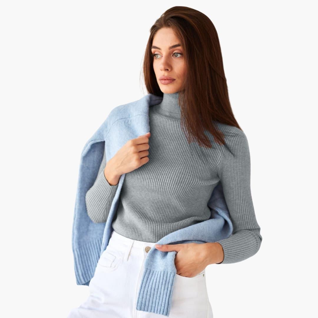 Pull à col roulé femme avec manches longues et surface côtelée