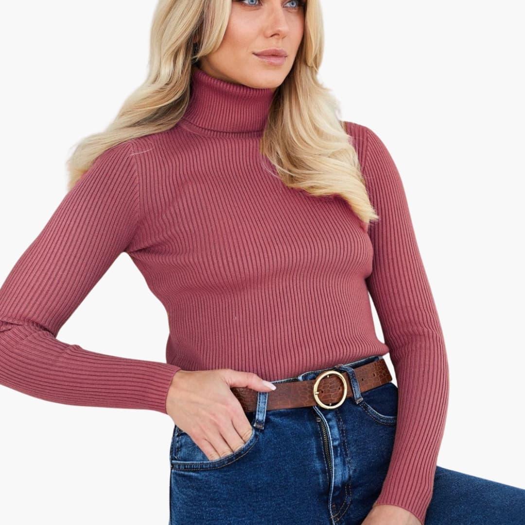 Pull à col roulé femme avec manches longues et surface côtelée