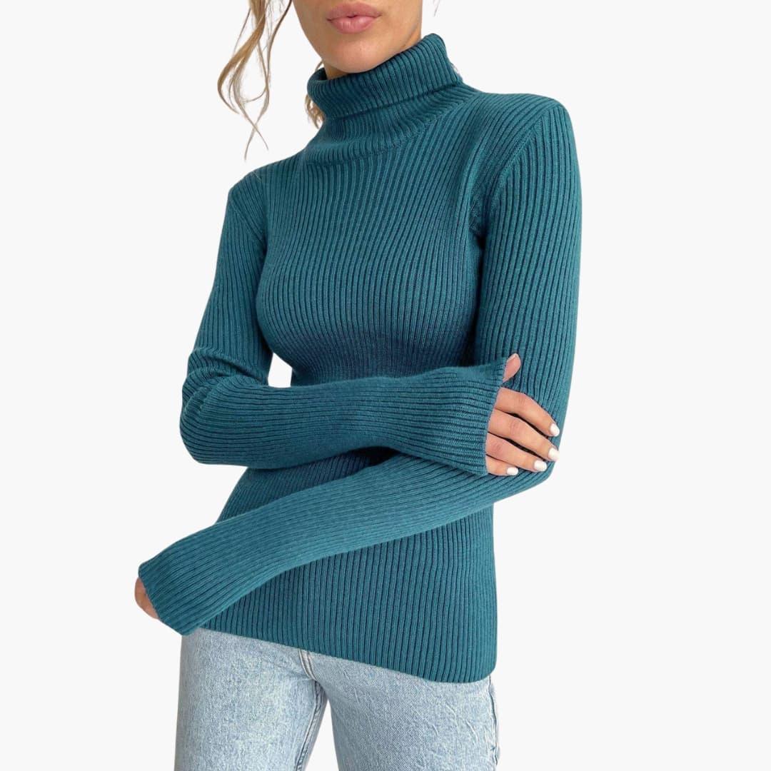 Pull à col roulé femme avec manches longues et surface côtelée